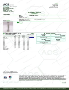 Compliant Delta 8 Distillate COA page 1, ACS Laboratory
