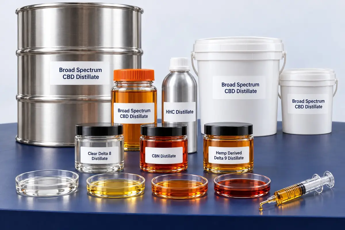 Bulk cannabinoid distillates in real container sizes: a 100 kg+ steel drum and 5 and 10 kg buckets at the back, broad spectrum CBD distillate in a 1 kg glass jar, HHC distillate in an aluminum bottle, and clear Delta 8, CBN and Delta 9 distillate in 500 g jars