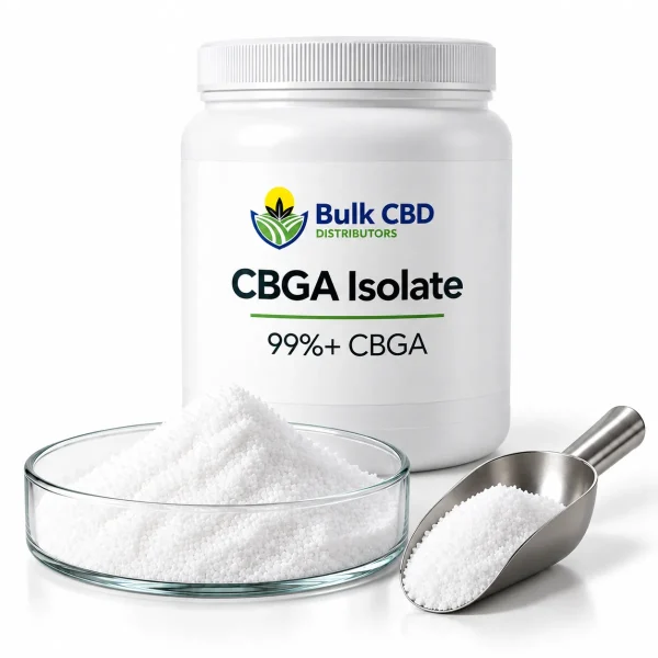 CBGA isolate powder in a white jar with a glass dish and steel scoop, bulk and wholesale from Bulk CBD Distributors