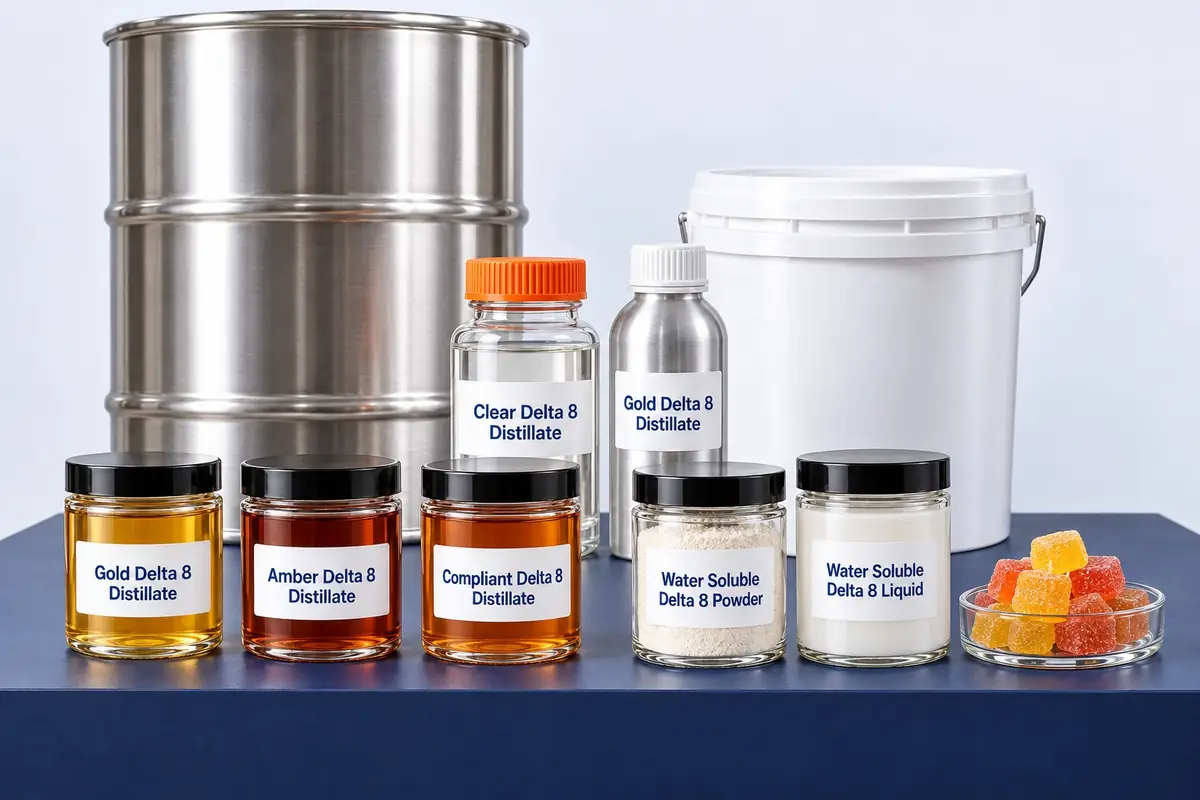 Bulk Delta 8: clear, gold, amber and compliant Delta 8 distillate in jars and an aluminum bottle, water soluble Delta 8 powder and liquid, gummies, a bucket and a steel drum
