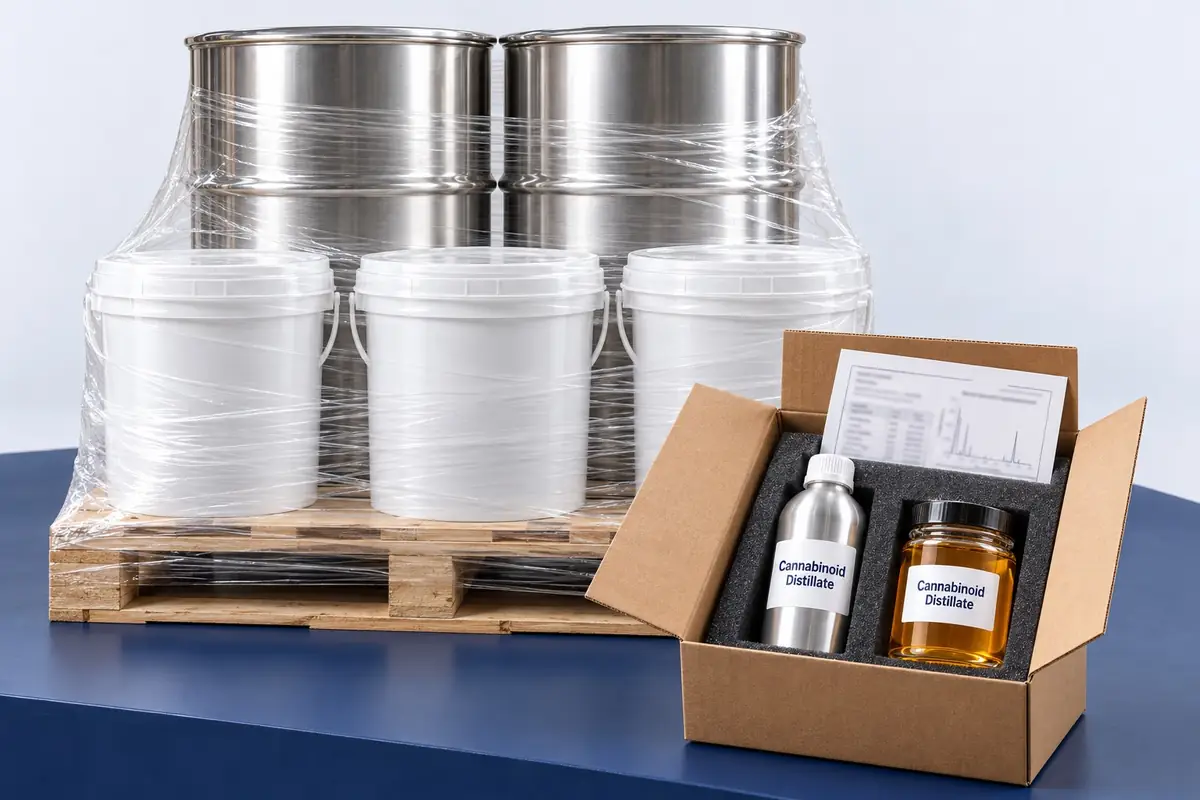 Bulk distillate order ready to ship: steel drums and buckets on a wrapped pallet, and a plain box with an aluminum bottle, a glass jar and a COA