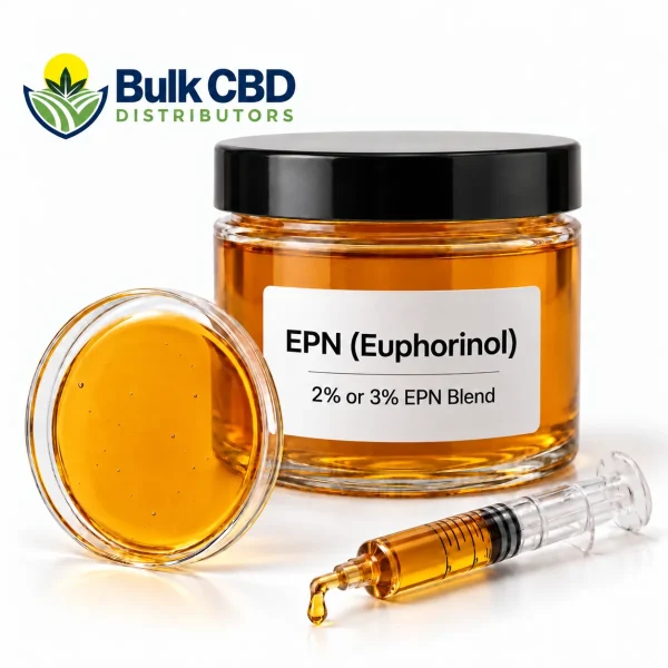 EPN (Euphorinol) in a clear glass jar with a petri dish and syringe, bulk wholesale supply from Bulk CBD Distributors