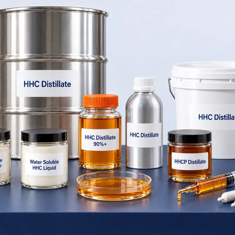 Bulk HHC: HHC distillate in a glass jar and an aluminum bottle, HHCP distillate, water soluble HHC powder and liquid, pre-rolls, a bucket and a steel drum