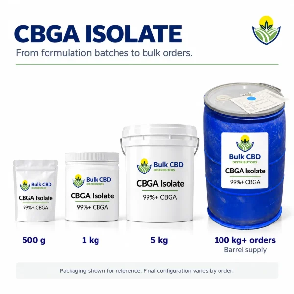 CBGA isolate wholesale sizes from 500 g to 1 kg and 5 kg containers and barrels for 100 kg and larger orders
