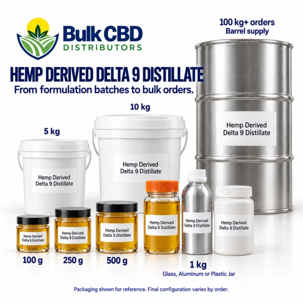 Hemp Derived Delta 9 Distillate wholesale sizes, from small jars and 1 kg containers to buckets and 100 kg+ steel drums