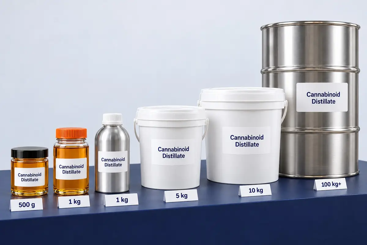 Cannabinoid distillate packaging sizes in an arc: a 500 g glass jar, a 1 kg glass jar, a 1 kg aluminum bottle, 5 kg and 10 kg buckets and a 100 kg+ steel drum