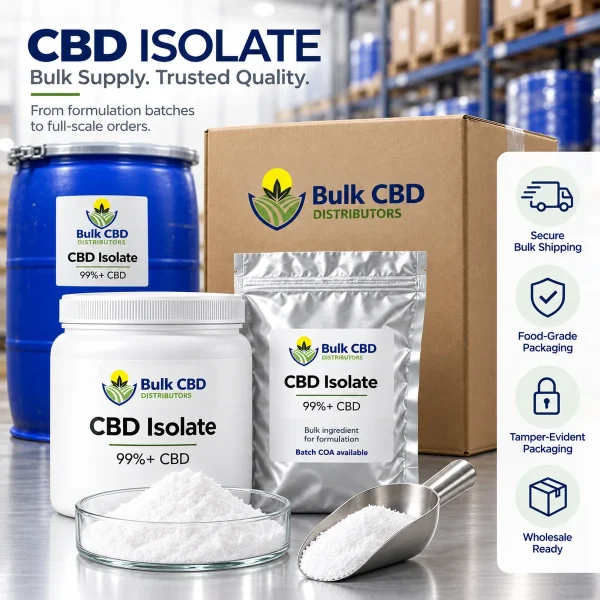 CBD isolate packaging and bulk shipping, with 100kg and larger orders shipping in barrels