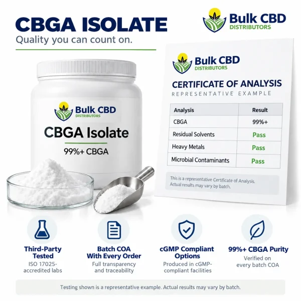 CBGA isolate jar beside a representative certificate of analysis from third-party lab testing
