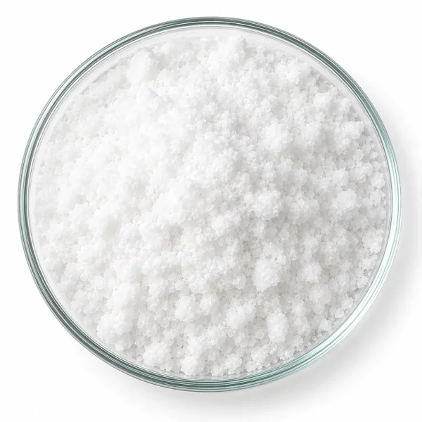 Close-up of white CBGA isolate crystalline powder in a glass dish