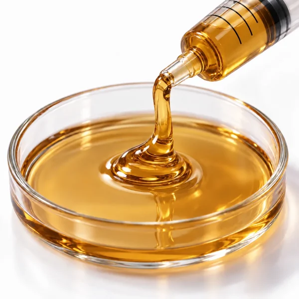 Close-up of Hemp Derived Delta 9 Distillate viscous oil texture in a petri dish