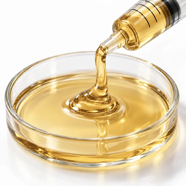 Close-up of THCA Distillate Oil 50% viscous oil texture in a petri dish