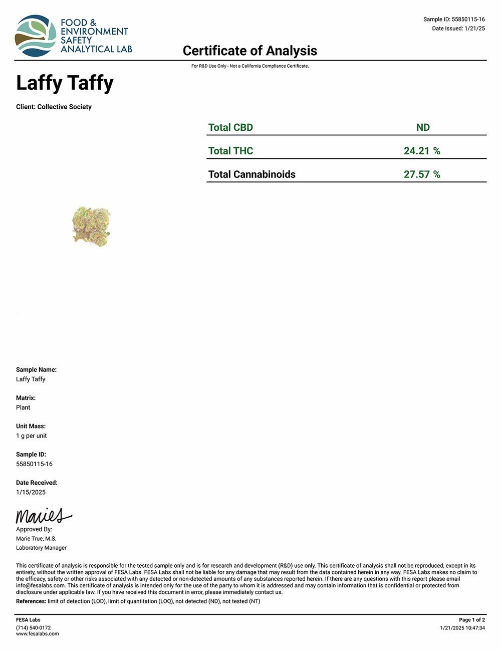 DoughLicious Laffy Taffy Exotic THCA Flower COA 1-21-25