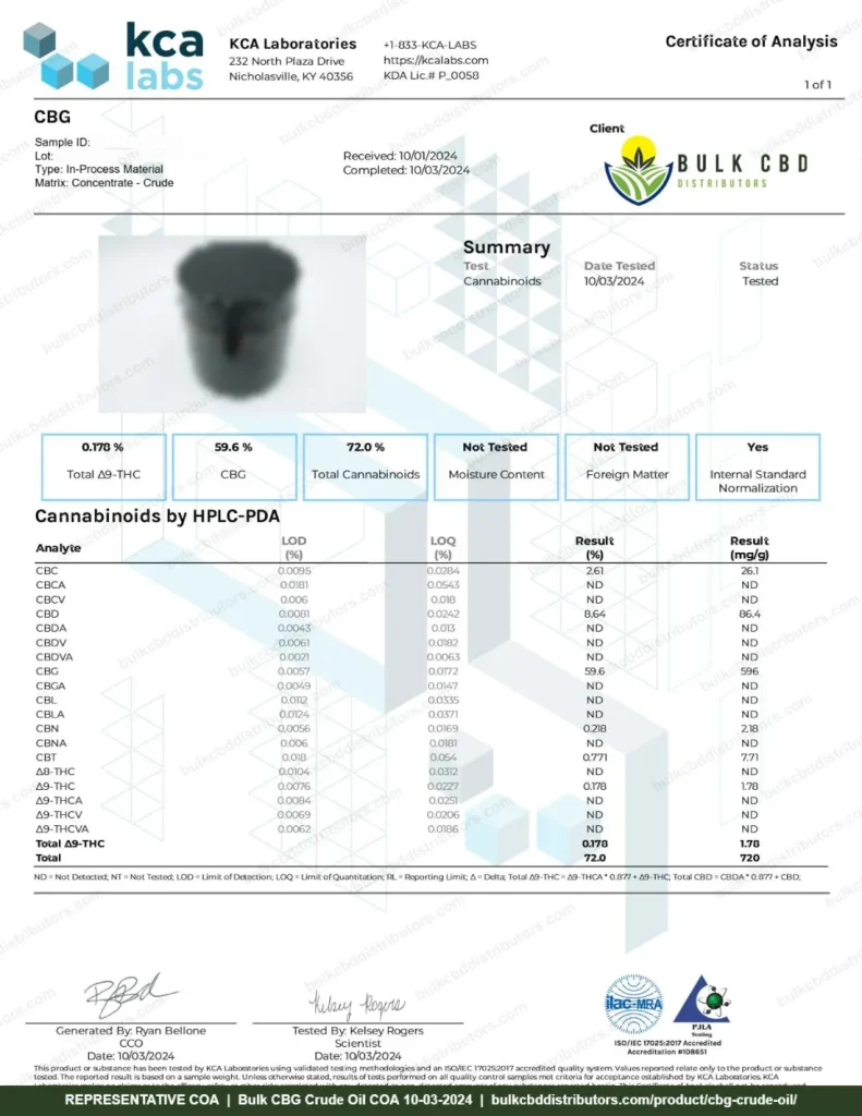 CBG Crude Oil COA page 1 of 2, KCA Laboratories, tested 10-03-2024