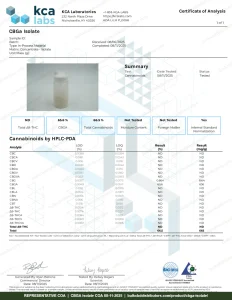 CBGA Isolate COA page 1, KCA Laboratories