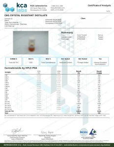 Crystal Resistant CBG Distillate COA page 1, KCA Laboratories