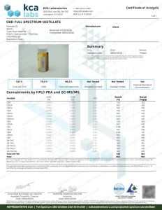 Full Spectrum CBD Distillate COA page 1, KCA Laboratories