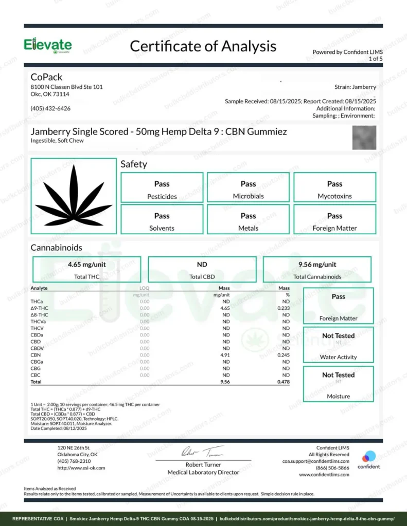 Smokiez Jamberry Hemp Delta-9 THC:CBN Gummy - 10 servings - 5mg THC and CBN per serving certificate of analysis, page 1 of 5, from Elevate Scientific Labs