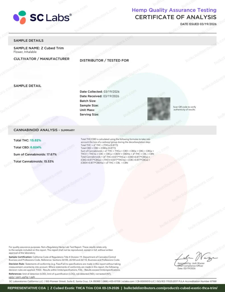 Z Cubed Exotic THCA Trim certificate of analysis, page 1 of 5, from SC Labs