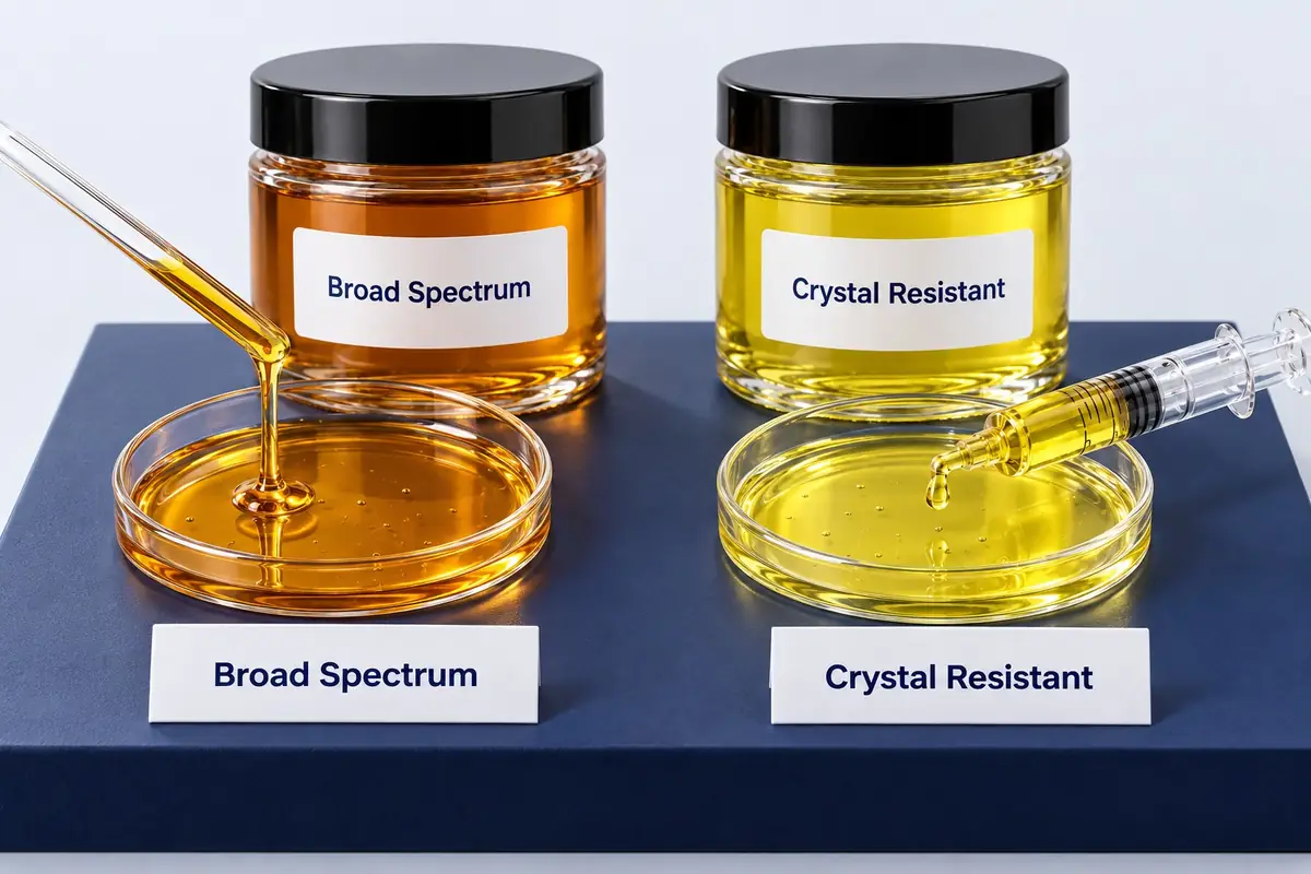 Broad spectrum CBG distillate, golden amber, beside crystal resistant CBG distillate, pale yellow, each in a glass dish with its jar
