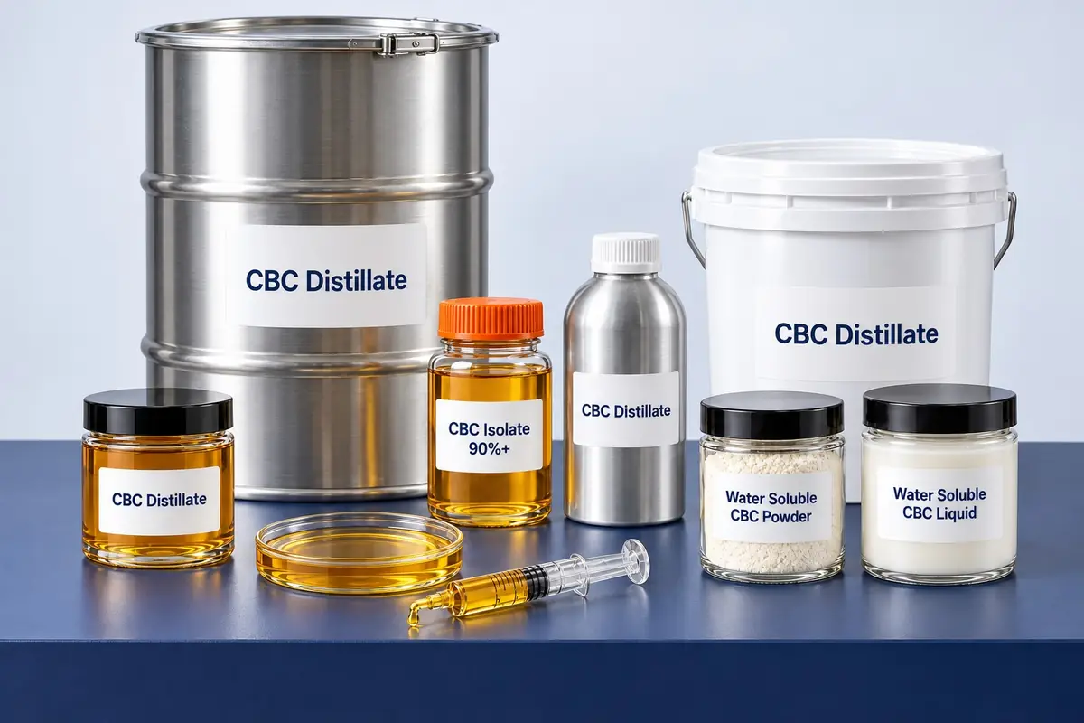 Bulk CBC: golden CBC isolate oil in a 1 kg glass jar, CBC distillate in a jar and an aluminum bottle, water soluble CBC powder and liquid, a 5 kg bucket and a 100 kg+ steel drum