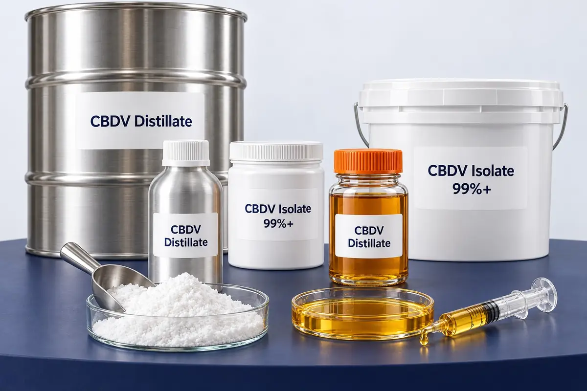Bulk CBDV: CBDV isolate in a 5 kg pail and a 1 kg jar, CBDV distillate in a 1 kg glass jar and an aluminum bottle, with a 100 kg+ steel drum
