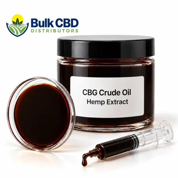 CBG Crude Oil, a dark molasses-like hemp extract, in a glass jar with a petri dish and syringe, bulk wholesale supply from Bulk CBD Distributors