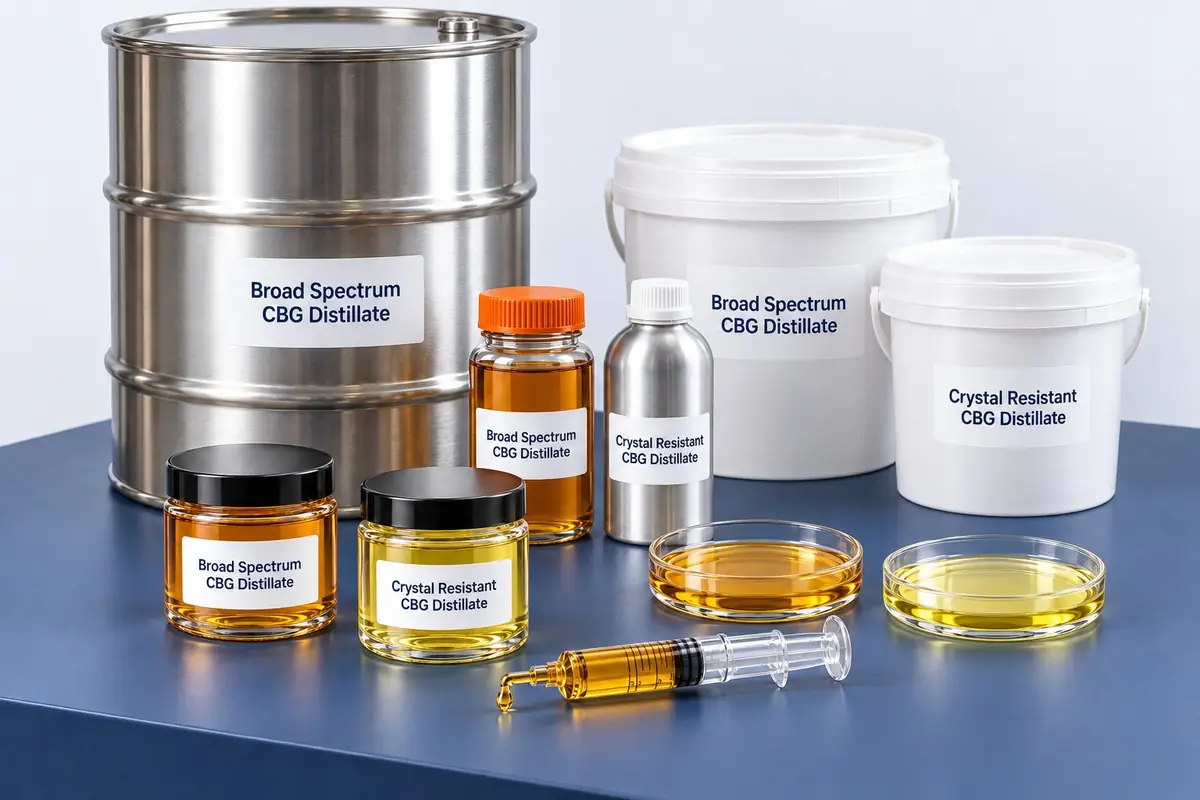 Bulk CBG distillate: broad spectrum CBG distillate in 1 kg and 500 g glass jars, crystal resistant CBG distillate in an aluminum bottle and a jar, buckets and a 100 kg+ steel drum