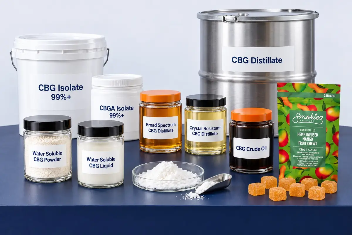 Bulk CBG in every form: CBG isolate in a 10 kg pail, CBGA isolate, broad spectrum and crystal resistant CBG distillate, CBG crude oil, water soluble CBG powder and liquid, a steel drum, and a pouch of Smokiez Mango CBD:CBG gummies