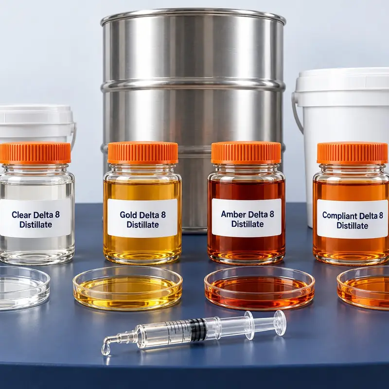 Bulk Delta 8 distillate in four grades: clear, gold, amber and compliant Delta 8 in 1 kg glass jars and dishes, with buckets and a steel drum