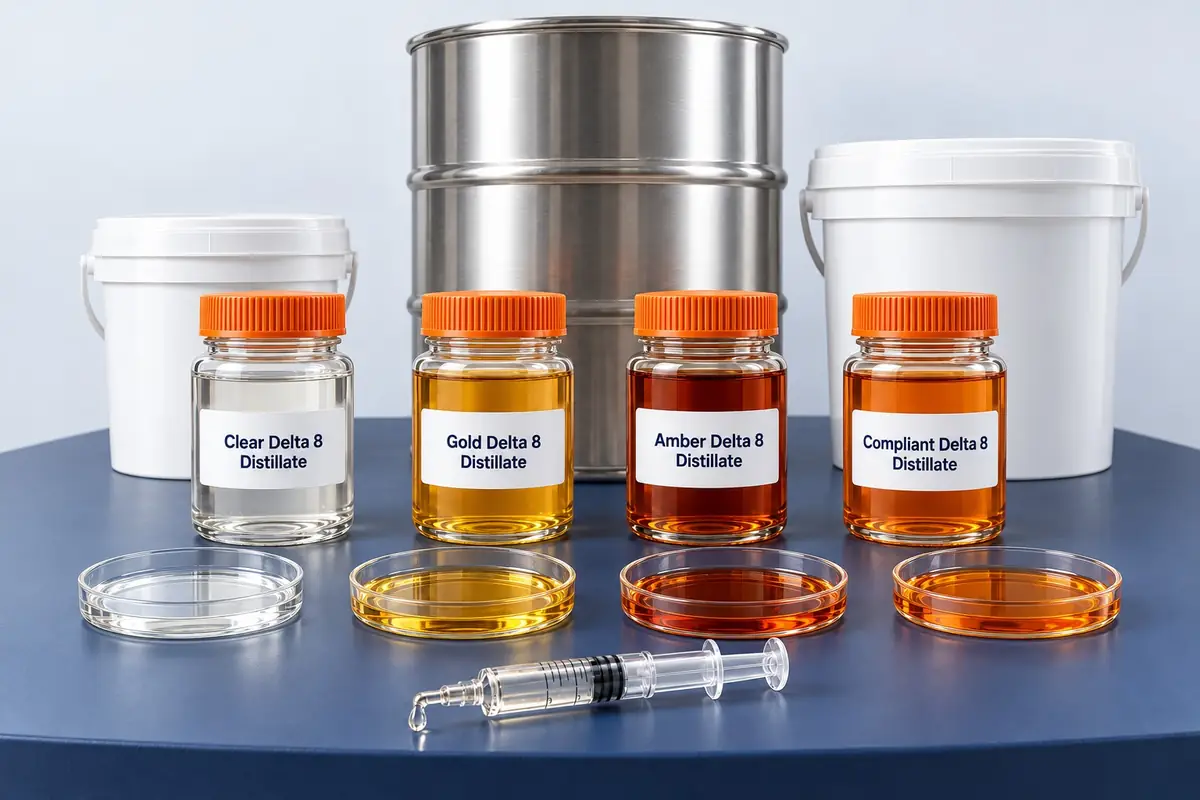 Bulk Delta 8 distillate in four grades: clear, gold, amber and compliant Delta 8 in 1 kg glass jars and dishes, with buckets and a steel drum