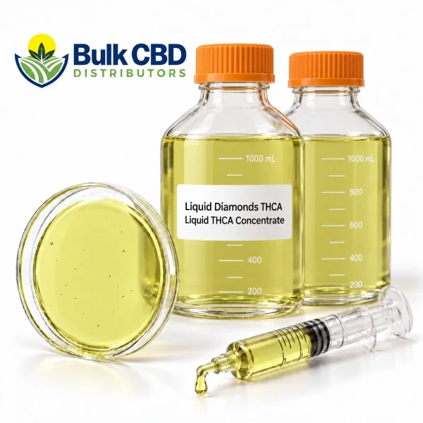 Liquid Diamonds THCA, a clear pale yellow liquid THCA concentrate, in 1000 ml lab bottles with a petri dish and syringe, bulk wholesale supply from Bulk CBD Distributors