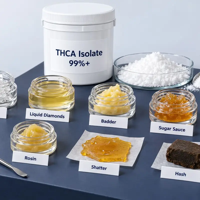 Bulk THCA concentrates in glass jars: diamonds, liquid diamonds, badder, sugar sauce, rosin, shatter and hash, with THCA isolate