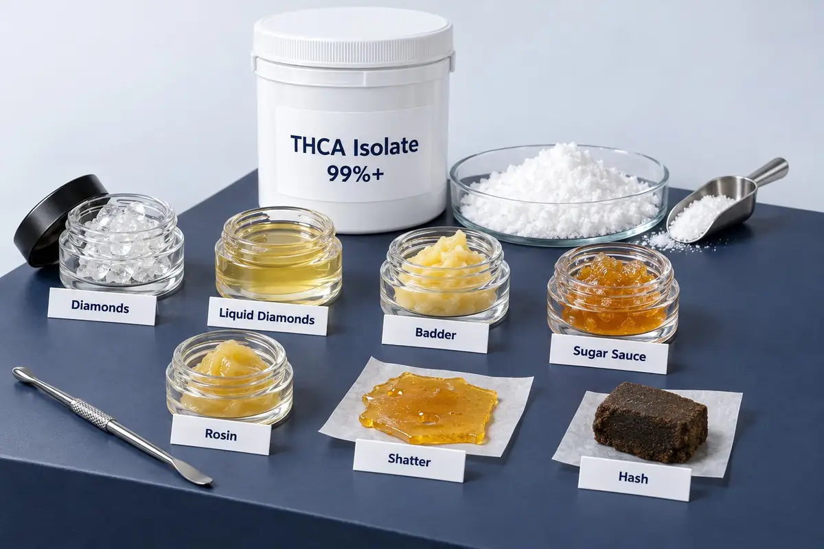 Bulk THCA concentrates in glass jars: diamonds, liquid diamonds, badder, sugar sauce, rosin, shatter and hash, with THCA isolate