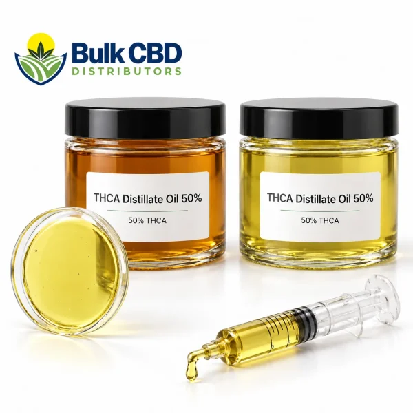 THCA Distillate Oil 50% in amber and light gold glass jars with a petri dish and syringe, bulk wholesale supply from Bulk CBD Distributors