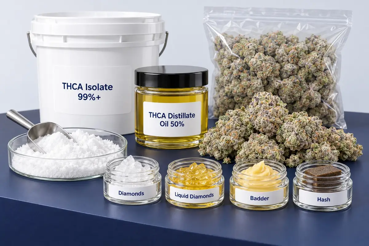 Bulk THCA in every form: THCA isolate in a pail and a dish, THCA distillate oil 50%, THCA diamonds, liquid diamonds, badder and hash, and THCA flower loose and in a 1 lb bag