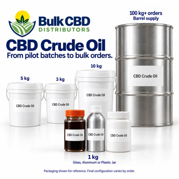 CBD Crude Oil sizes: 1 kg glass jar, aluminum bottle or plastic jar, 3 kg, 5 kg and 10 kg buckets, and a 100 kg+ steel drum