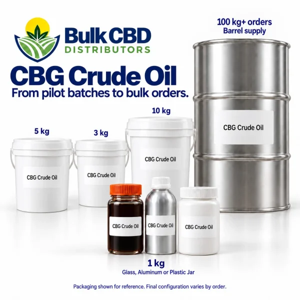CBG Crude Oil sizes: 1 kg glass jar, aluminum bottle or plastic jar, 3 kg, 5 kg and 10 kg buckets, and a 100 kg+ steel drum
