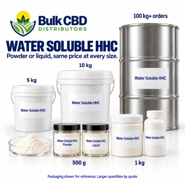 Water Soluble HHC wholesale packaging sizes, from 500 g jars and 1 kg containers to 5 kg and 10 kg buckets and 100 kg+ steel drums