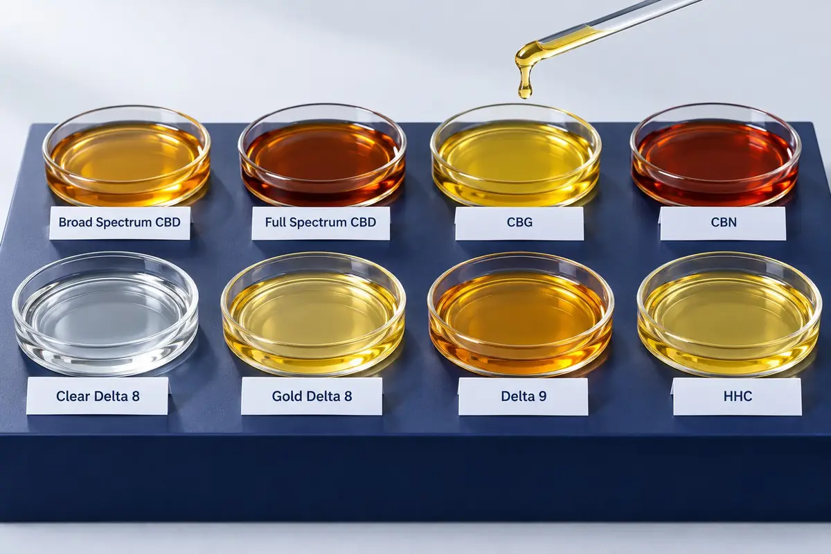 Eight distillates in glass dishes from water-clear to deep amber, labeled Clear Delta 8, Gold Delta 8, Delta 9, HHC, Broad Spectrum CBD, Full Spectrum CBD, CBG and CBN