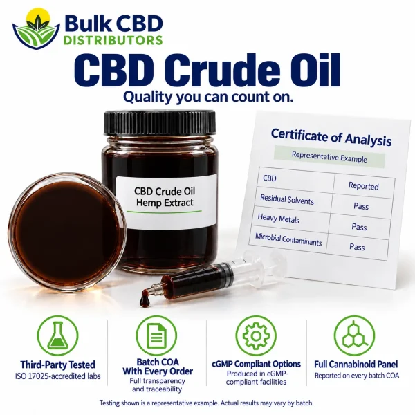 Representative certificate of analysis for CBD Crude Oil with third-party ISO 17025 lab testing