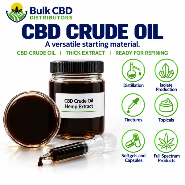 CBD Crude Oil applications: distillation, isolate production, tinctures, topicals, softgels and capsules, and full spectrum products