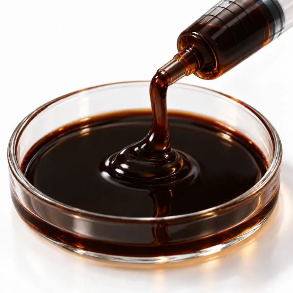 Close-up of thick, dark CBD Crude Oil dripping into a glass dish