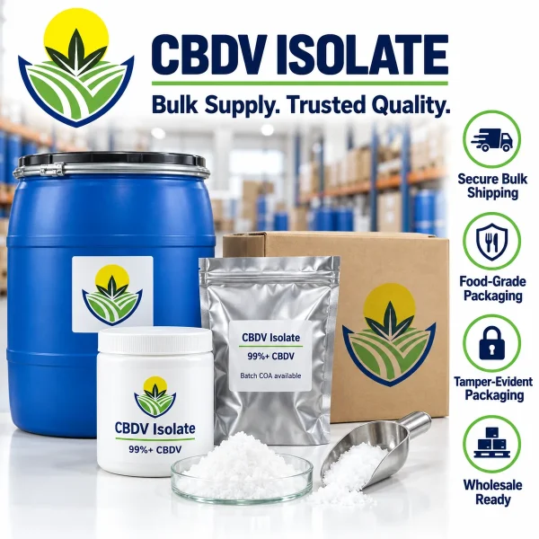 CBDV isolate packaging and bulk shipping, with 100kg and larger orders shipping in barrels