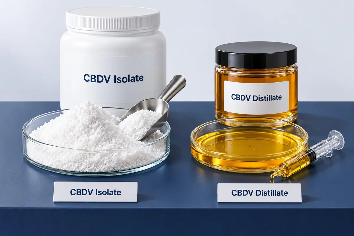 CBDV isolate white powder beside golden CBDV distillate oil, each with its jar