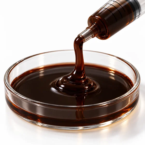 Close-up of thick, dark CBG Crude Oil dripping into a glass dish