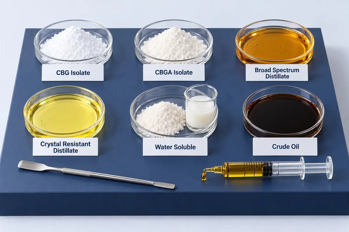 Six CBG ingredients in glass dishes: CBG isolate and CBGA isolate powder, broad spectrum and crystal resistant CBG distillate, water soluble CBG powder and liquid, and CBG crude oil