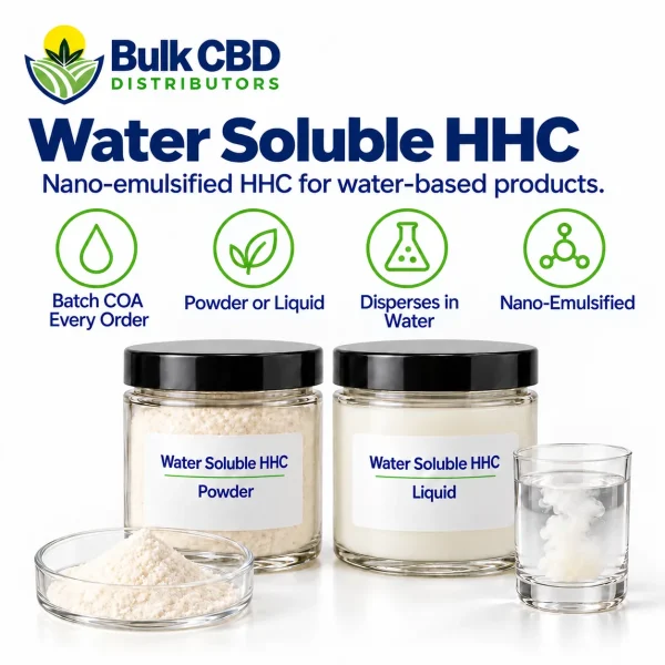 Water Soluble HHC key features: batch COA every order, powder or liquid, disperses in water, nano-emulsified