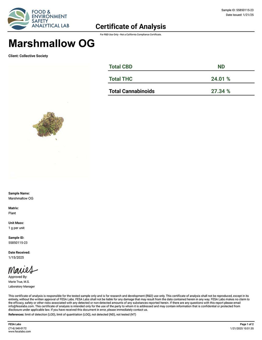 Lost Jane Marshmallow OG Exotic THCA Flower COA 1-21-25