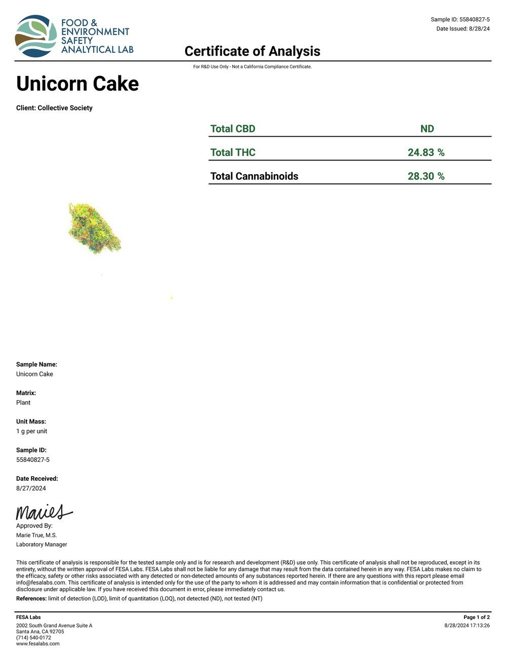 Lost Jane Unicorn Cake Exotic THCA Flower COA 8-28-24