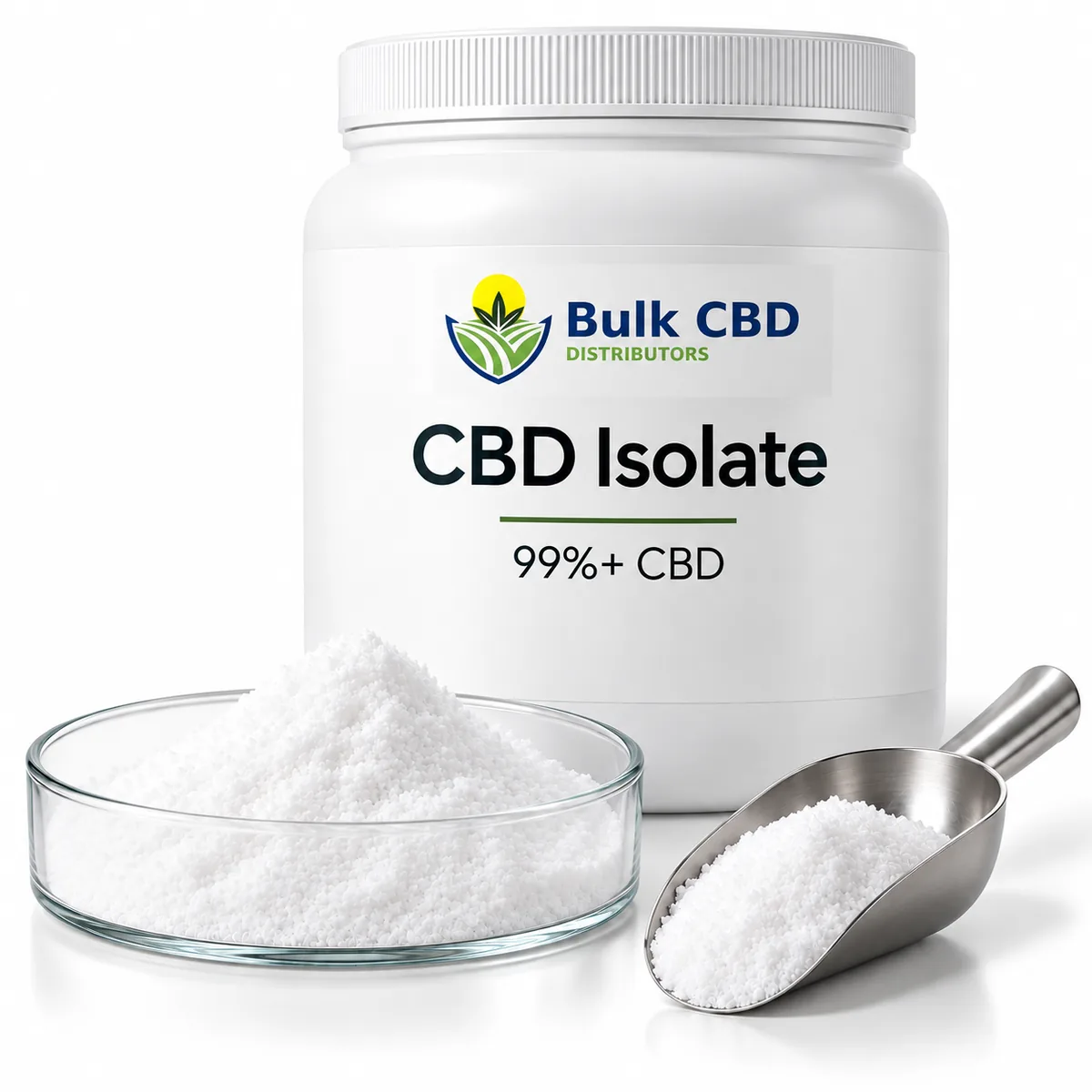 White CBD isolate powder in a jar with a scoop